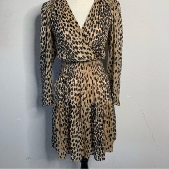Rebecca Taylor Leopard Print Long Sleeve Plunged Neckline Mini Dress - Picture 8 of 16